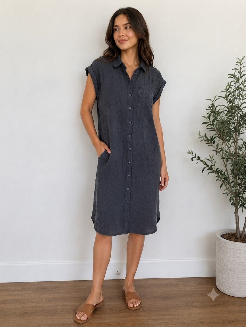 Retrod Navy Blue 100% Cotton Gauze Shirt Dress Chest Pocket Sz Small 🇨🇦 Boho